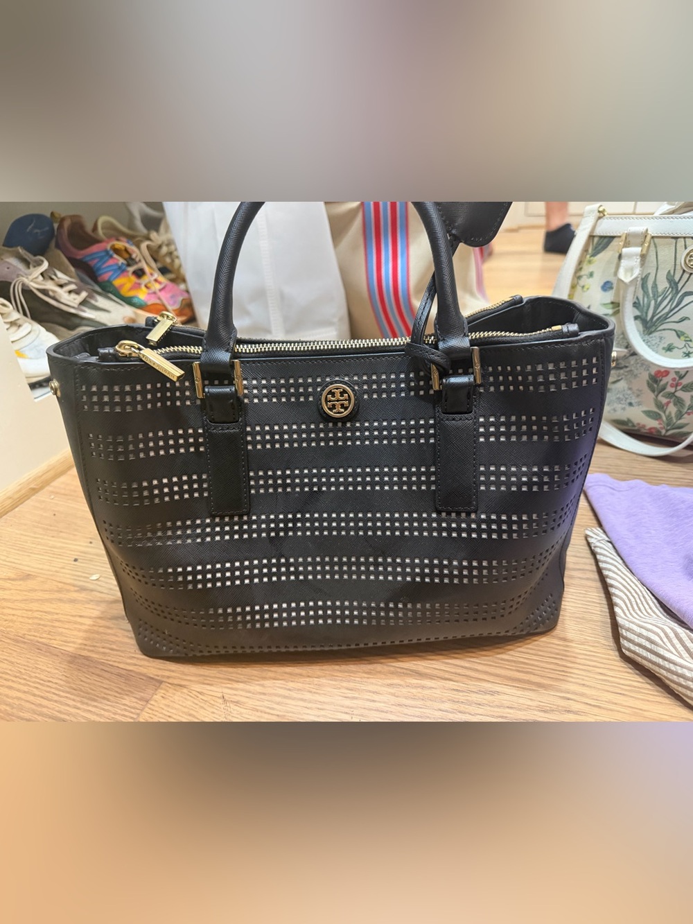 Tory Burch Black Perforated Saffiano Tote with Gold Emblem